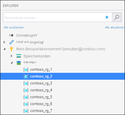 Screenshot: Azure Storage-Explorer mit hervorgehobenem Knoten „Datenträger“ zum Einfügen eines Datenträgers