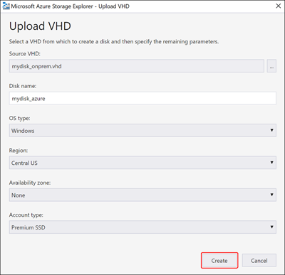 Screenshot: Dialogfeld „VHD hochladen“ im Azure Storage-Explorer.