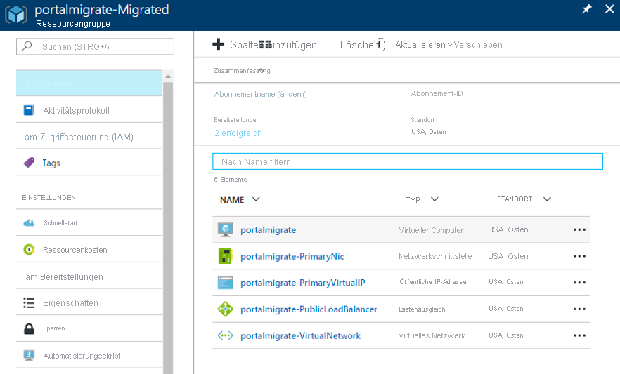Screenshot that shows Azure Resource Manager resources in the prepare operation