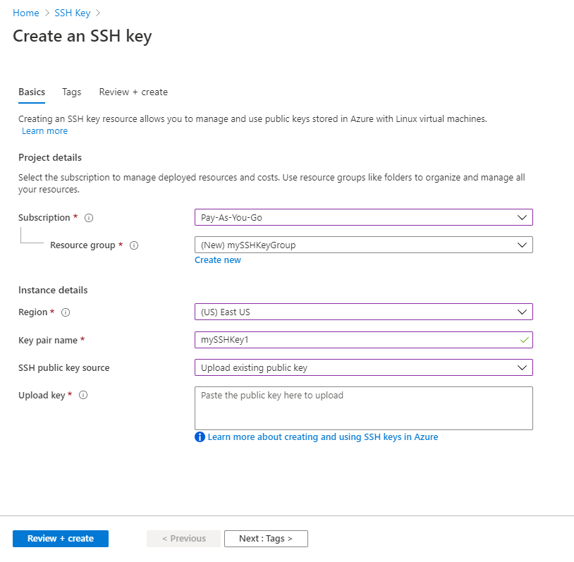 Upload an SSH public key to be stored in Azure