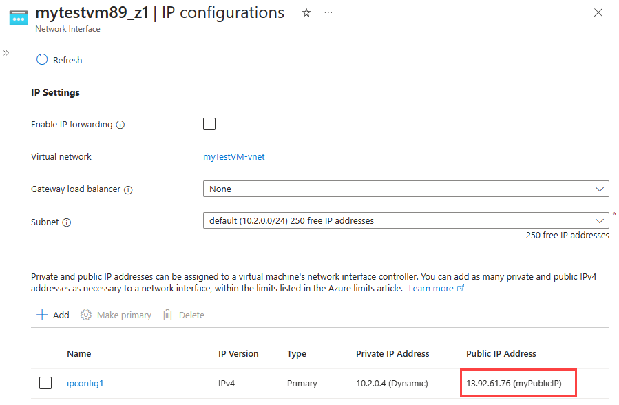 Screenshot: Neu zugewiesene öffentliche IP-Adresse.