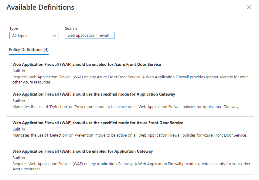 Screenshot der Registerkarte „Richtliniendefinitionen“ auf der Seite „Verfügbare Definitionen“