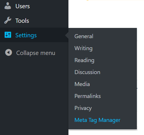 Image of Meta Tag Manager Plugin settings link