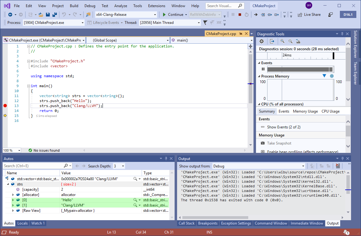 Screenshot of the Visual Studio debugger debugging a CMake Clang project.