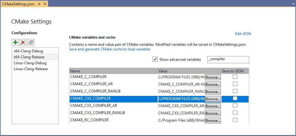 Screenshot of the C Make Settings dialog box with the C Make C X X Compiler highlighted.