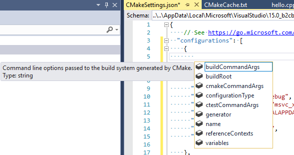 Screenshot of the CMake JSON IntelliSense pop-up in the editor.