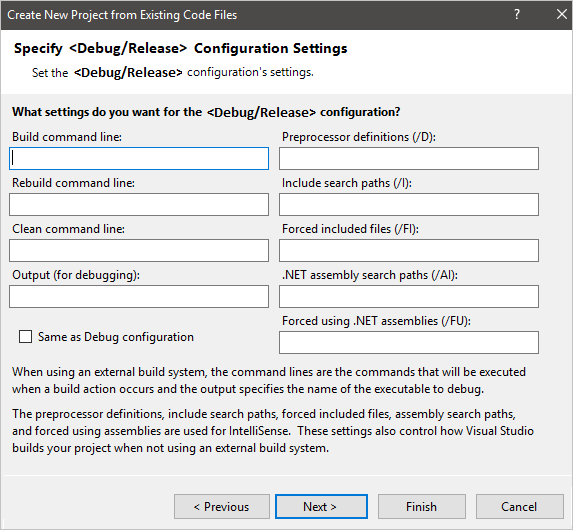 Create New Project from Existing Code dialog, showing Debug and Release configuration settings.