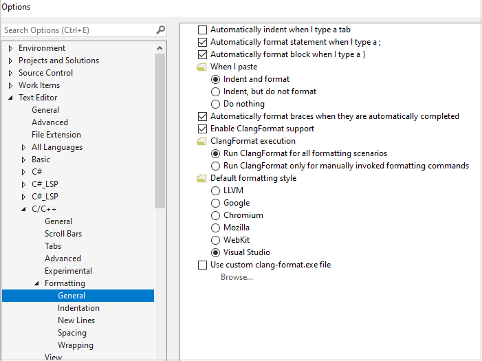 Screenshot des Optionsbereichs mit Auswahl von „Text-Editor“ > „C/C++“ > „Formatierung“ > „Allgemein“. Im rechten Bereich werden die ClangFormat-Optionen angezeigt.