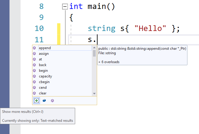 Screenshot des Dropdownmenüs für die C++-Memberliste mit den Methoden, die für Zeichenfolgen verfügbar sind, z. B. Methoden zum Anfügen, Zuweisen usw.