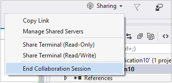 Screenshot of the Sharing dropdown list with the End Collaboration Session option highlighted.