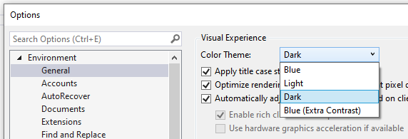Screenshot des Optionsbereichs mit Auswahl von „Umgebung“ > „Allgemein“. Auf der rechten Seite enthält das Dropdownmenü für das Farbdesign Optionen für hell, dunkel usw.