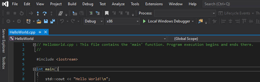 Screenshot von Visual Studio mit dunklem Farbdesign