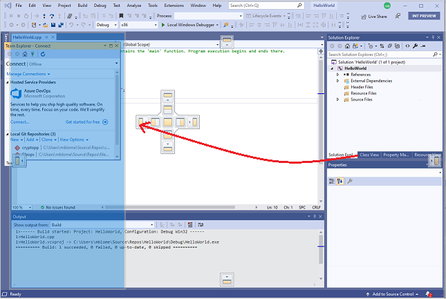 Screenshot des Team Explorer-Fensters in Visual Studio mit blau hervorgehobenem Bereich, an dem das Fenster platziert wird, wenn die Maustaste losgelassen wird