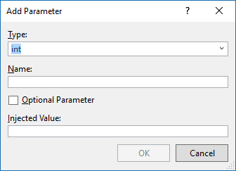 Screenshot des Fensters „Parameter hinzufügen“, in dem Sie den Typ, den Namen und ob er ein Standardparameter oder optional ist festlegen können