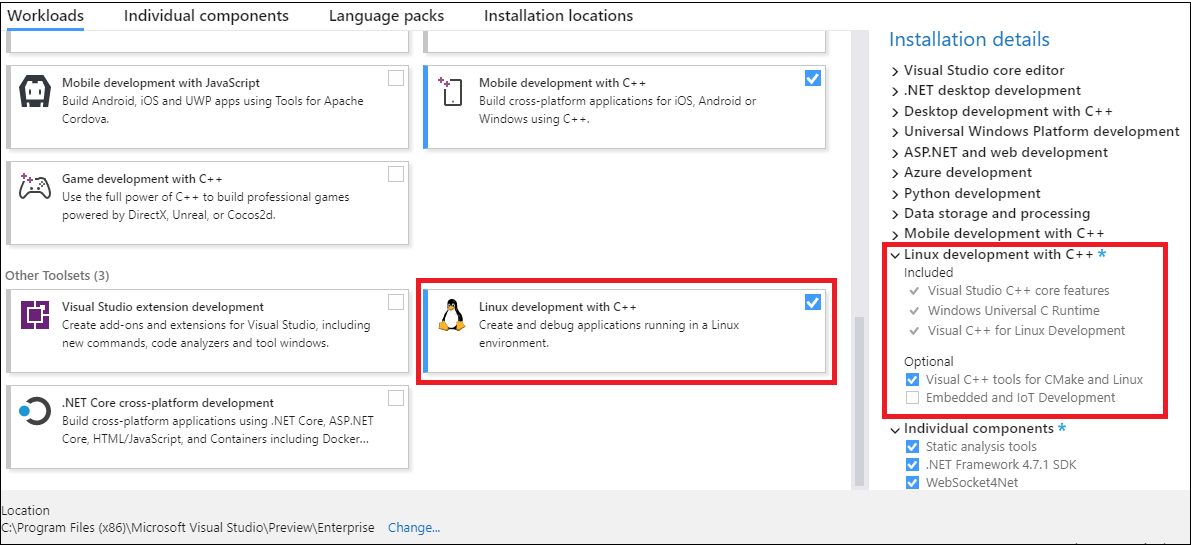 Screenshot showing the Visual C++ for Linux Development workload item in Visual Studio Installer.