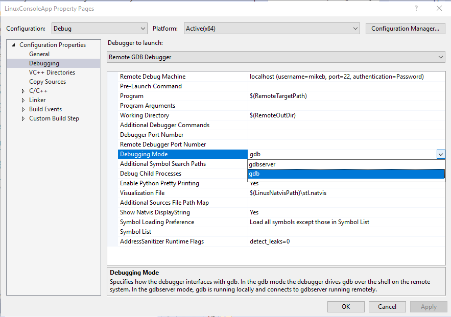 Screenshot: Das Dialogfeld „Visual Studio Linux Console App Property Pages“ (Eigenschaftenseiten der Linux-Konsolen-App in Visual Studio), wobei „Konfigurationseigenschaften > Debuggen“ ausgewählt sind und „Debugmodus“ in der Dropdownliste hervorgehoben ist, wobei die Option „gdb“ ausgewählt ist.
