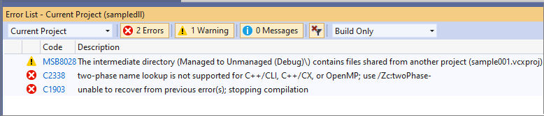 Screenshot showing compiler and MSBuild errors in Error List.