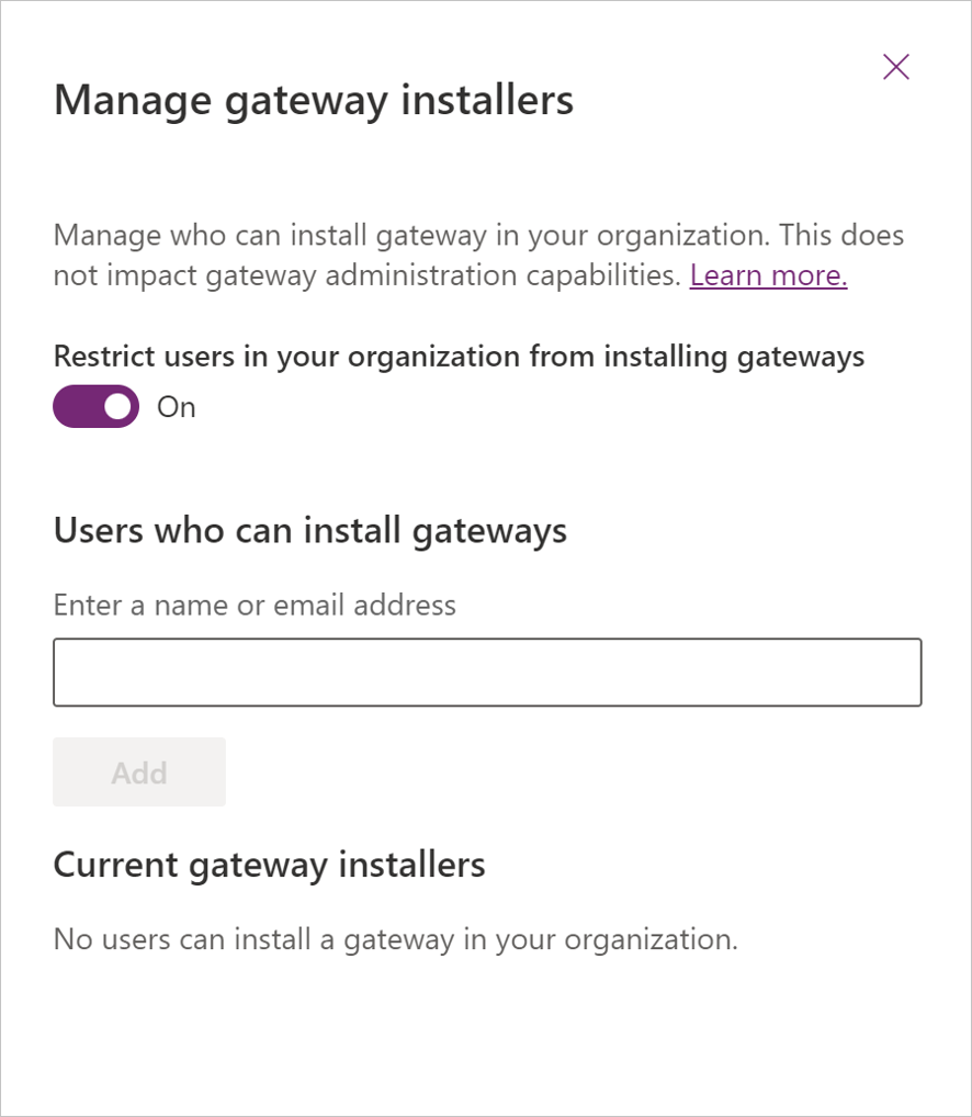 Screenshot: Seite „Gatewayinstaller verwalten“ mit aktivierter Option „Die Installation von Gateways durch Benutzer in Ihrer Organisation einschränken“.](media/manage-security-roles/tenant-admin-gateway.png)