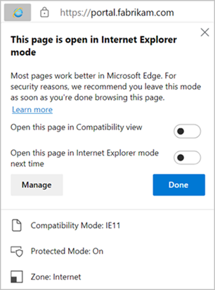 Diese Seite ist im Internet Explorer Modus geöffnet