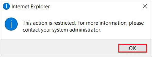 Warnung beim Versuch, IE zu öffnen, wenn die Umleitung zu Microsoft Edge aktiv ist.