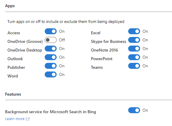 Der Abschnitt Features mit der Umschaltfläche für Microsoft Search in Bing.