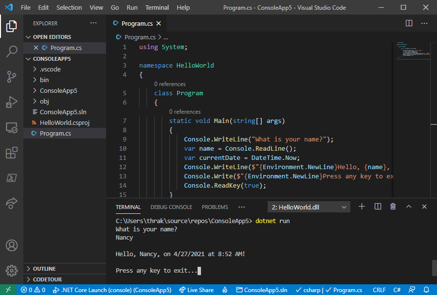 Erstellen einer .NET-Konsolenanwendung mit Visual Studio Code