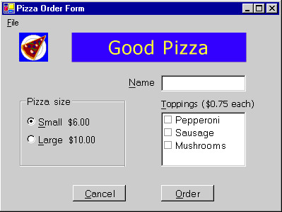 The pizza order form with a name textbox, and size and toppings selection.
