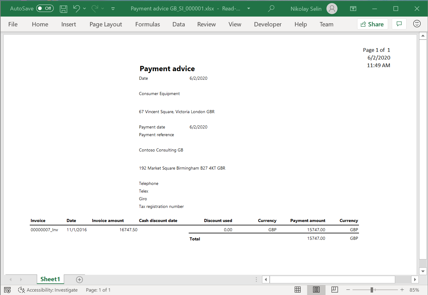 Zahlungsavisbericht im Excel-Format.