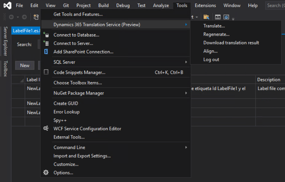Tools menu in the Visual Studio IDE.