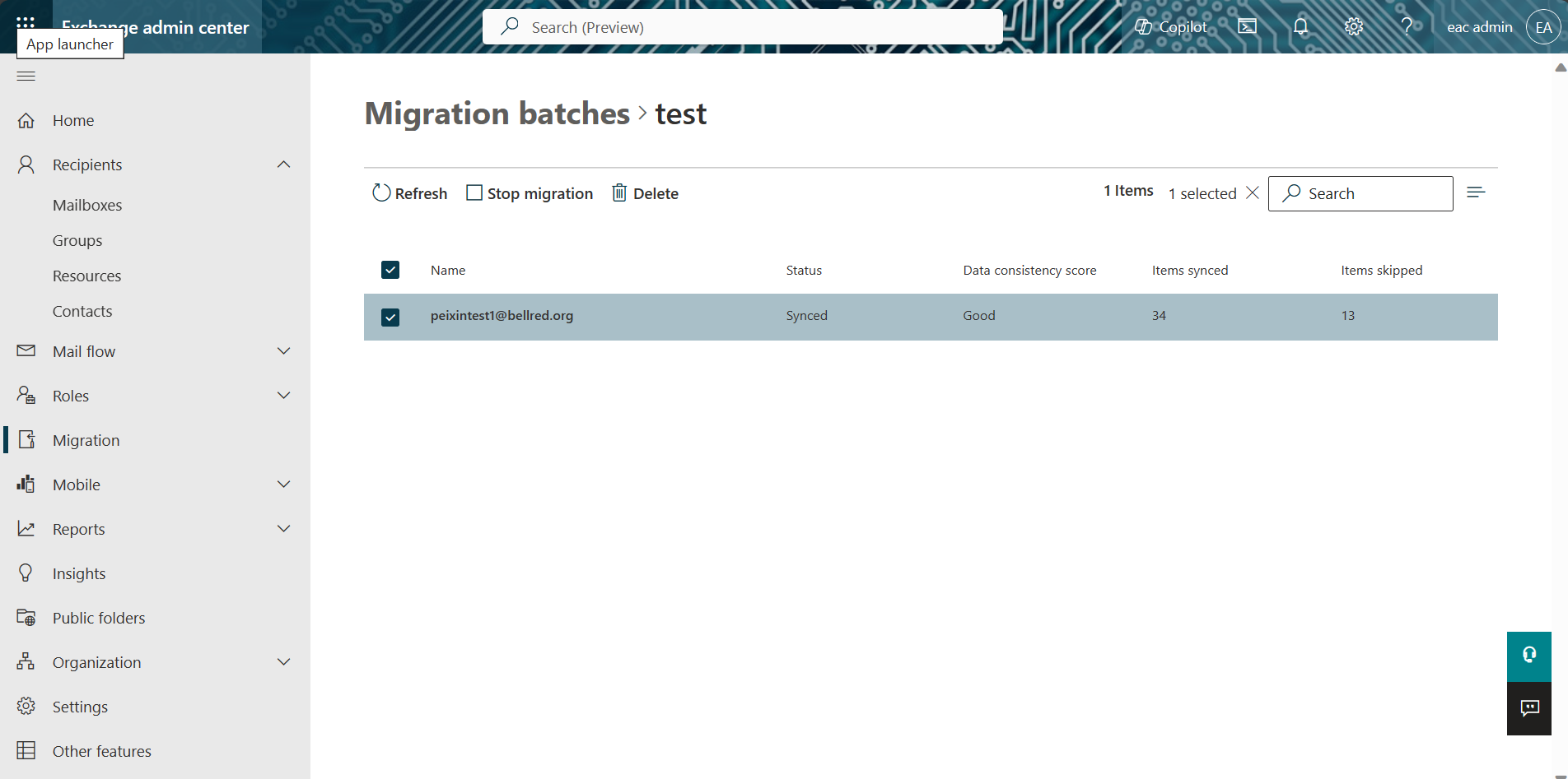 Screenshot des EAC mit der spezifischen Seite für den Migrationsbatch.
