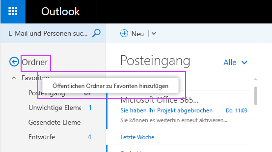 Verwenden von bevorzugten öffentlichen Ordnern in Outlook im Web in  Exchange Online | Microsoft Docs
