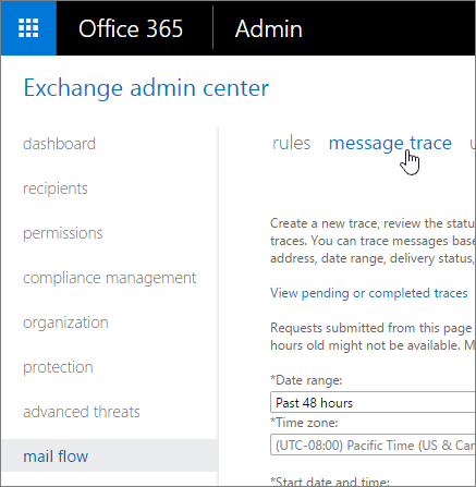 Screenshot des Exchange Admin Centers, der zeigt, dass die Nachrichtenablaufverfolgung im E-Mail-Fluss-Navigationsmenü ausgewählt ist.