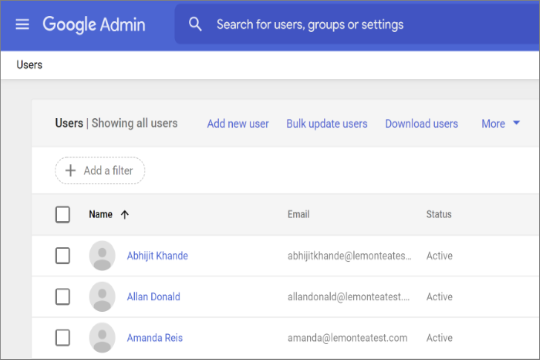 Liste der Benutzer im Google Admin Center