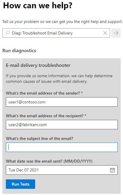 Screenshot einer automatisierten Diagnose mit dem Namen „Problembehandlung bei der E-Mail-Übermittlung“.