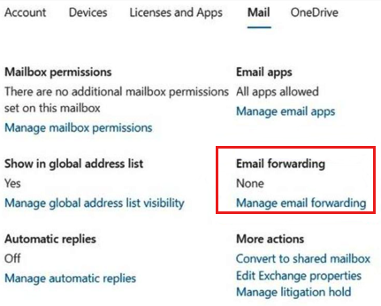 Screenshot der Überprüfung der Weiterleitungs-SMTP-Adresse mithilfe des Microsoft 365-Portals.