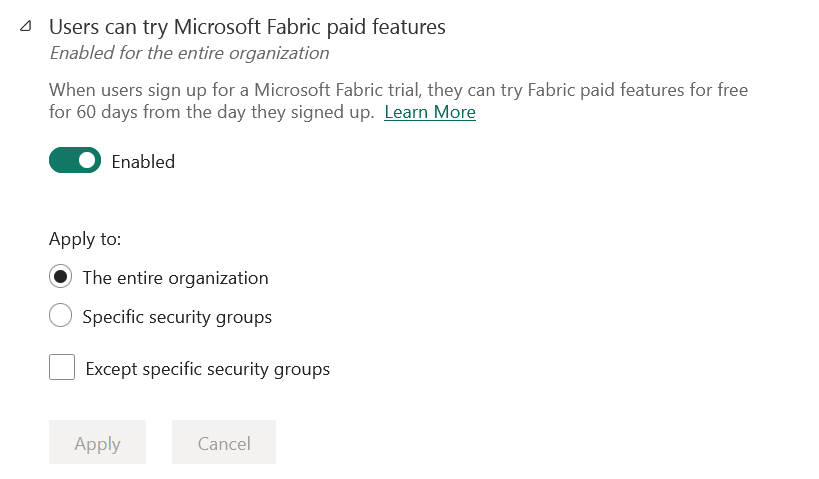 Screenshot des Testens der kostenpflichtigen Microsoft Fabric-Features durch Benutzer*innen.