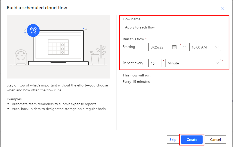 Screenshot der Optionen zum Einrichten eines geplanten Cloud-Flows.