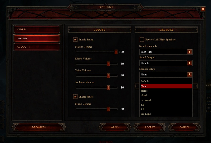 The audio settings menu in Diablo 3. The player is in the speaker setup drop-down menu/list. They have selected the mono setting. The other options are stereo, quad, surround, 5.1, 7.1, and Pro Logic.