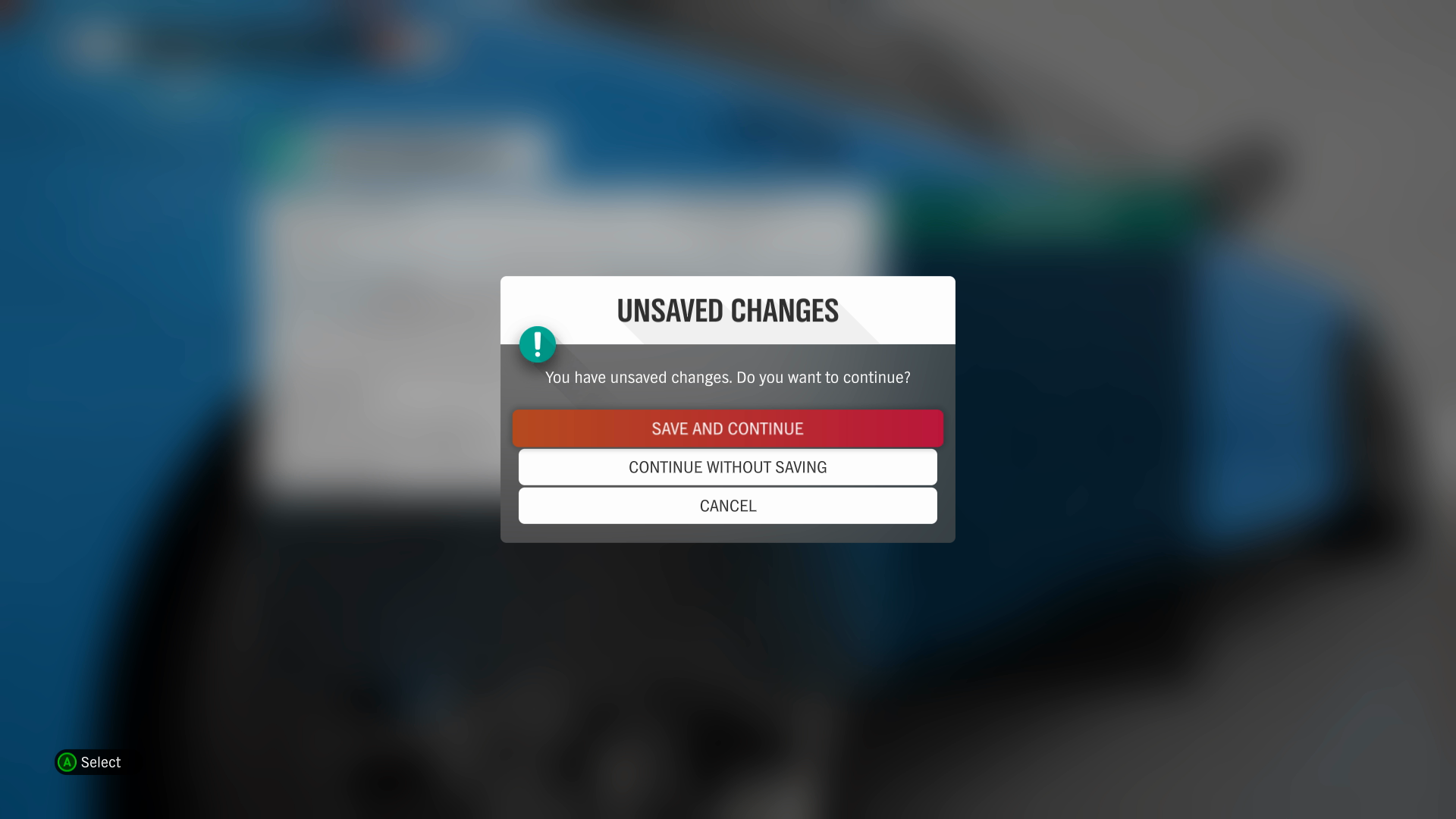 A screenshot from Forza Horizon 4, showing an "Unsaved Changes" warning dialog box. "Save and Continue" is selected.