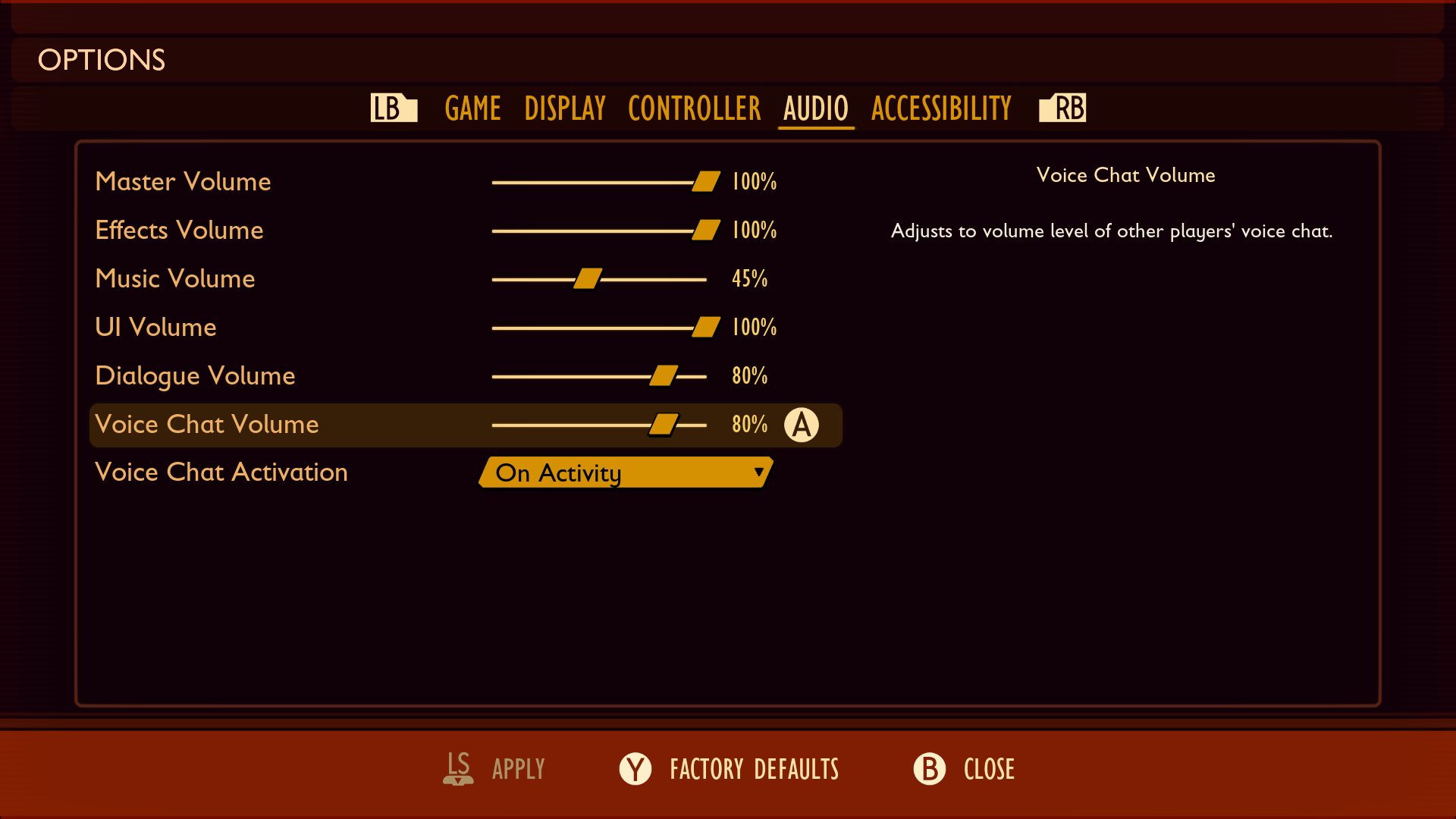 The audio options menu in Grounded. The player is given sliders to control the master, effects, music, UI, dialogue, and voice chat volume. 