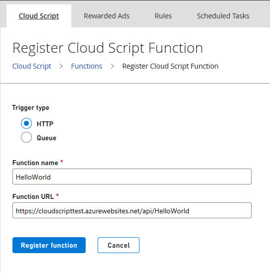 Registrieren der CloudScript-Funktion