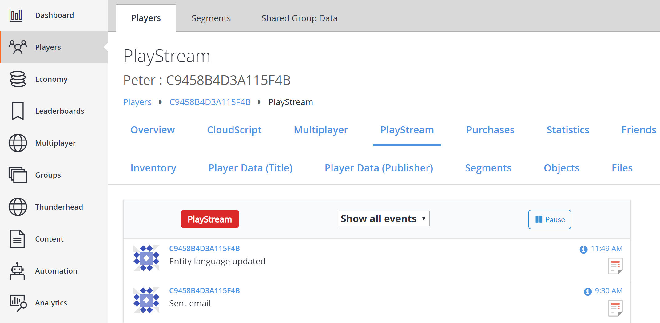 Game Manager – Spieler – PlayStream – Entity Language Updated-Ereignis
