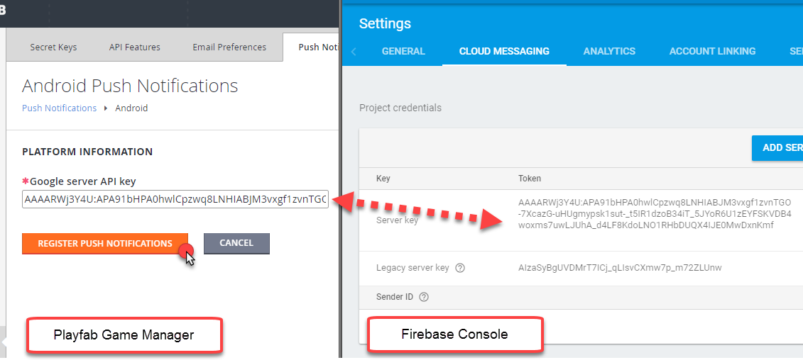 PlayFab – Firebase-Konsole – Server-API-Schlüssel hinzufügen