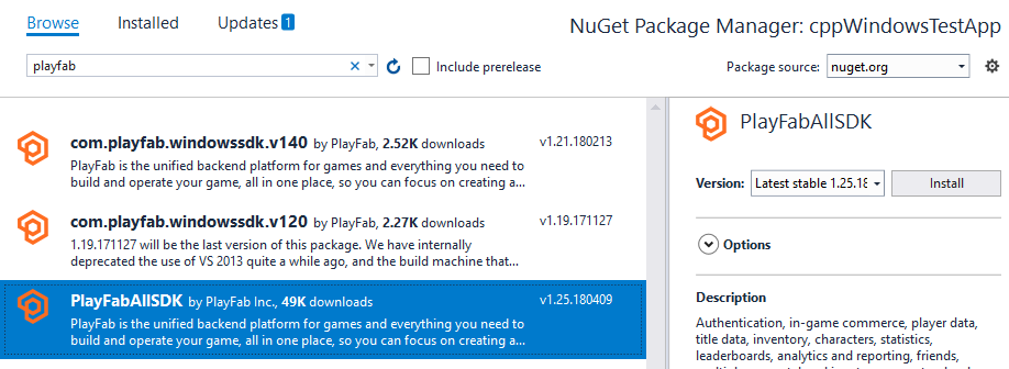 VS: Installieren des NuGet-Pakets für das PlayFab SDK