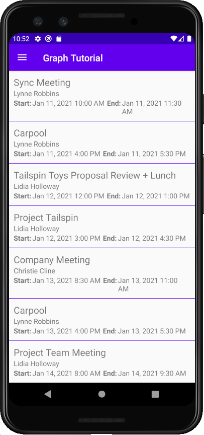 Ein Screenshot der Tabelle mit Ereignissen