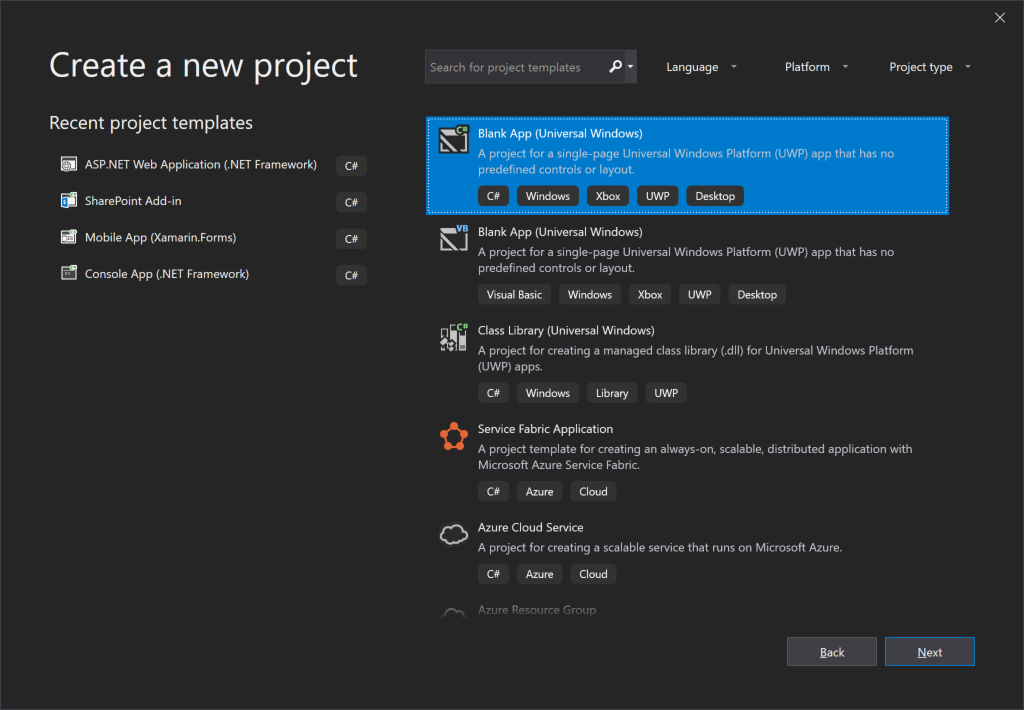 Visual Studio 2019 Dialogfeld zum Erstellen eines neuen Projekts