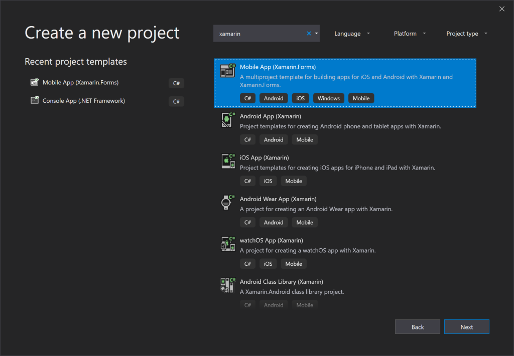 Visual Studio 2019 Dialogfeld zum Erstellen eines neuen Projekts