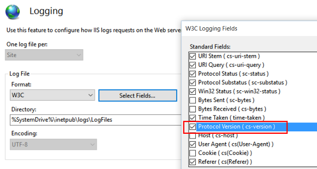 Image of I I S Logging page displaying Select Fields drop down with Protocol Version C S dash Version selected from the W 3 C Logging Fields menu.