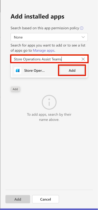 Screenshot von Store Operations Assist Teams mit der Schaltfläche „Hinzufügen“.