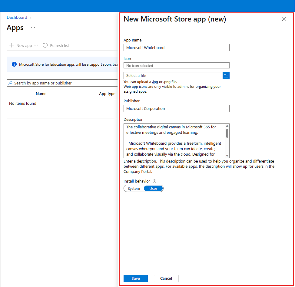 Beispielbild des App-Eigenschaftenbereichs für eine neue Microsoft Store-App, in der alle Eigenschaften ausgefüllt und gespeichert werden können.